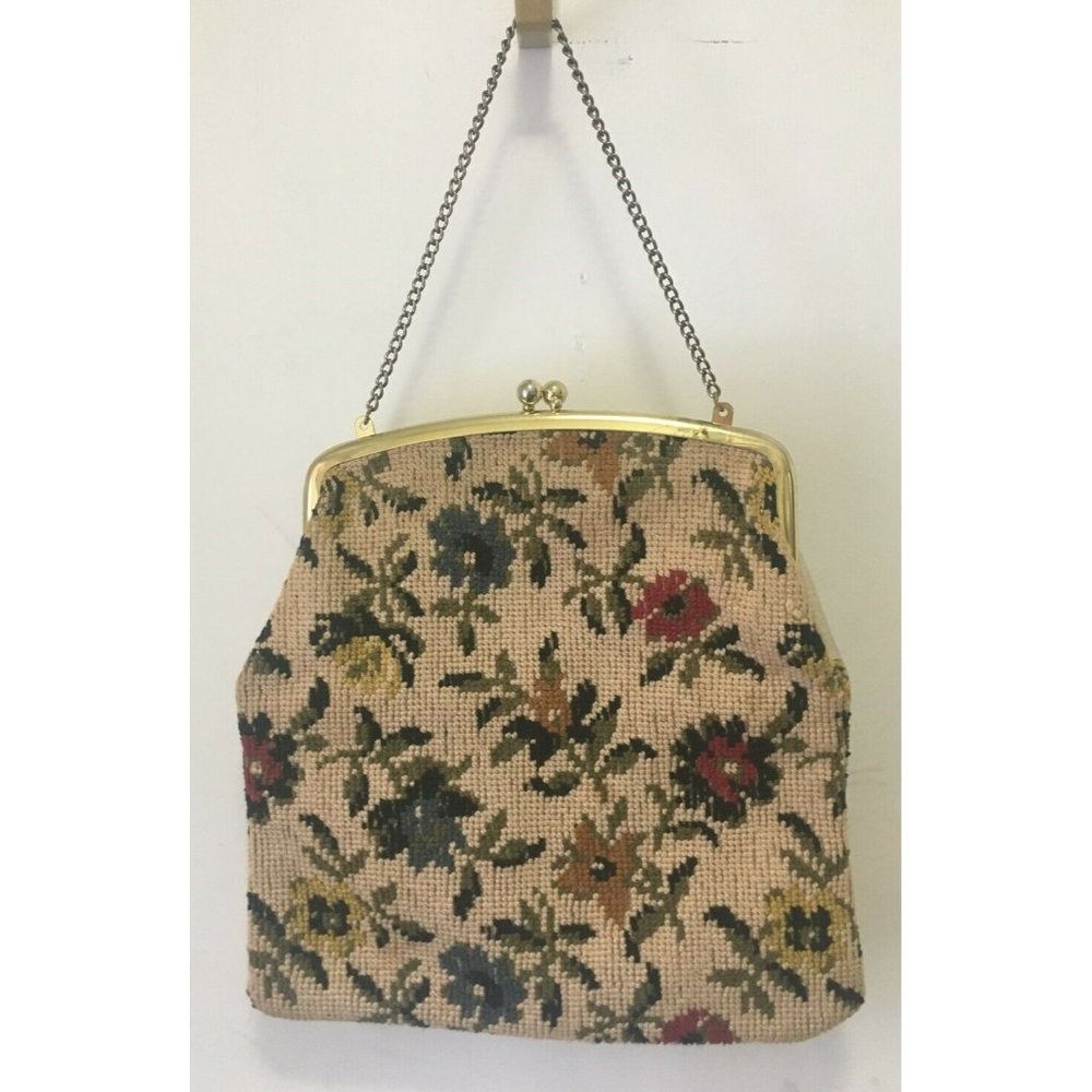 vintage Budd Leather Creation chain strap purse carpet tapestry floral pattern
